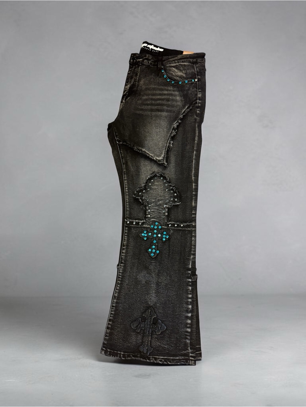 Voyage Studios Black Flare Jeans with Turquoise Stud Cross Details - Men